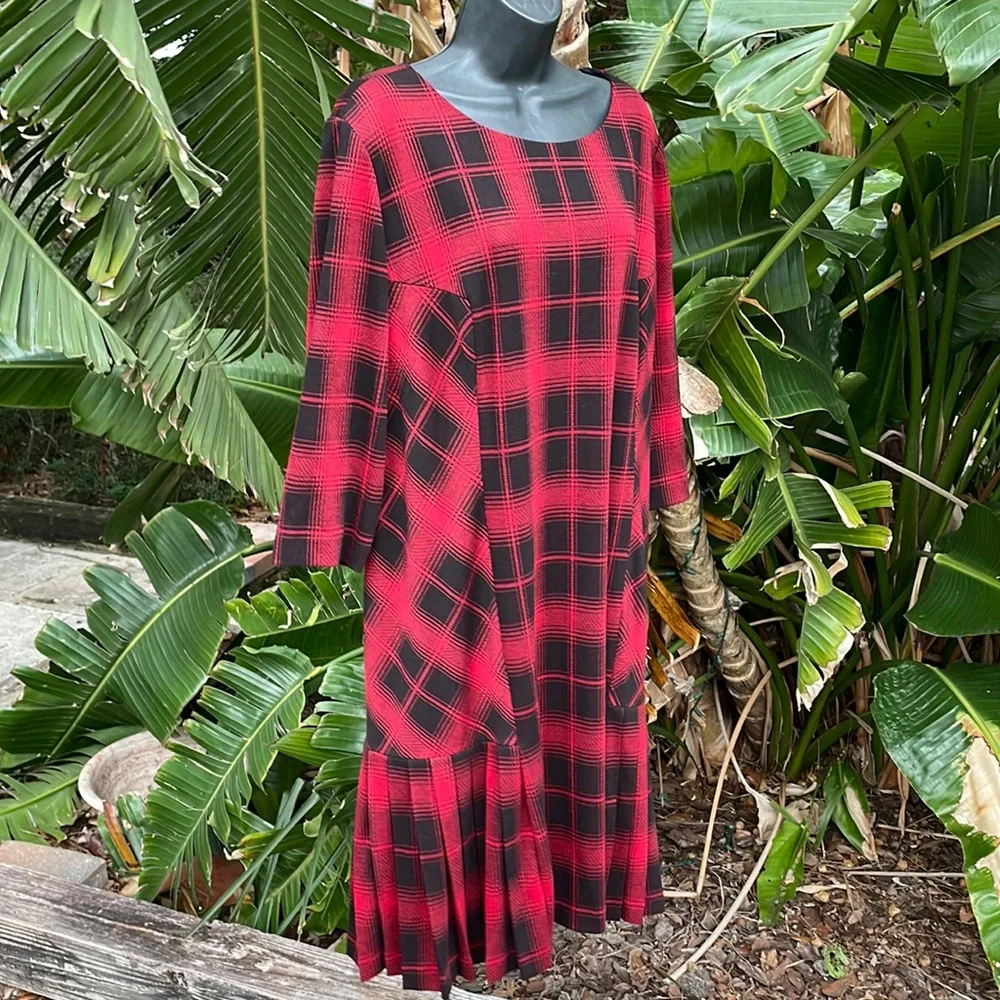 Tahari pleated plaid drop waist dress